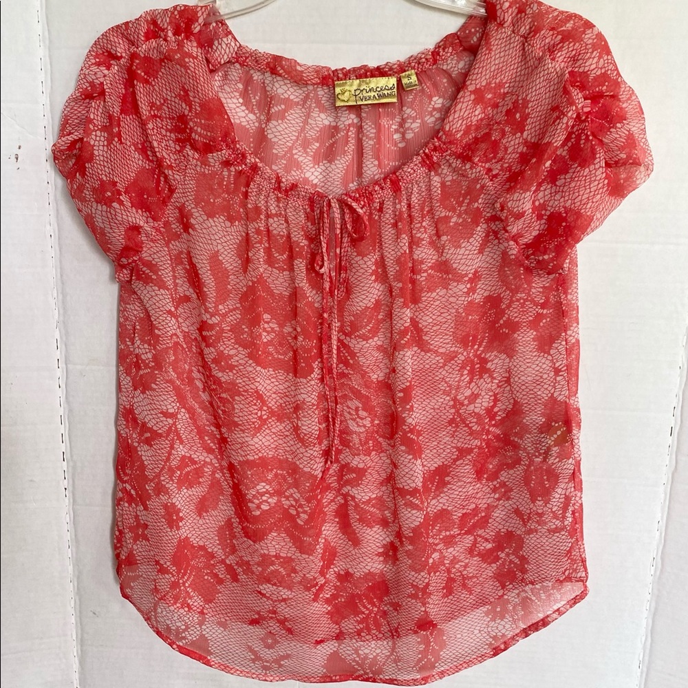 Princess Vera Wang Blouse Size Small adjustable drawstring neckline Sheer/Coral